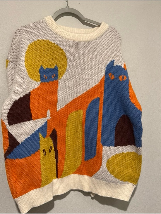 Aelfric Eden Other - Women’s Cream Multi-Color Graphic Cat Knit Sweater large unisex sweater
